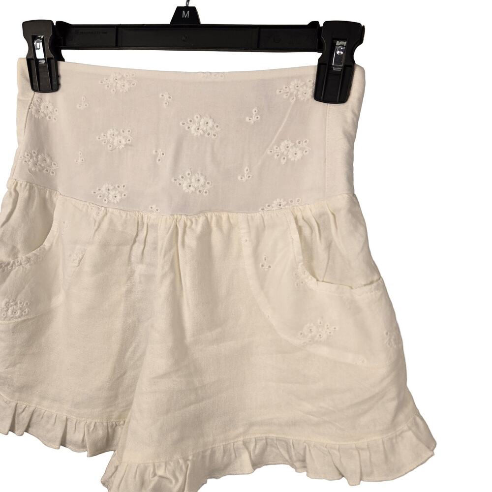 Sincerely Jules Ruffle Short Women's S White Smocked Waist Eyelet Linen Blend